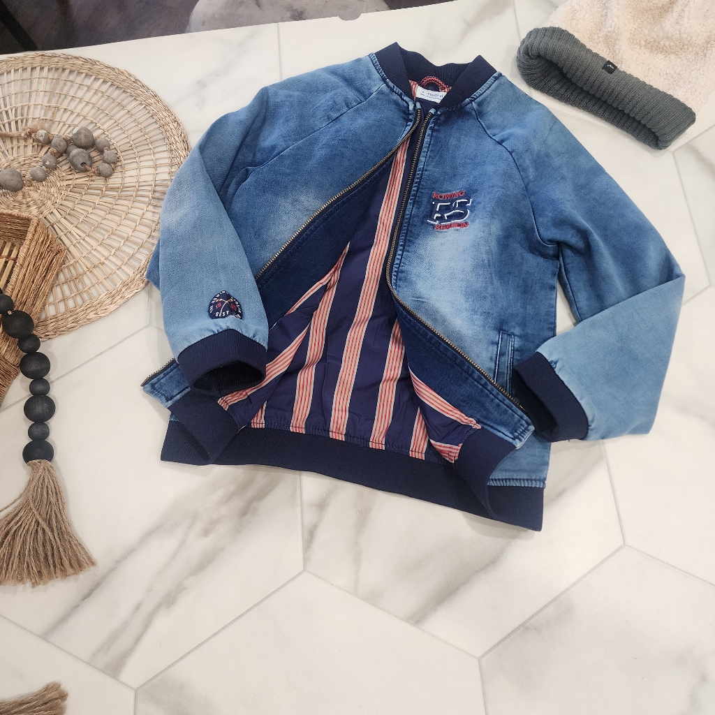 [ Mayoral] Boys Size 9,Cutest Ever Soft Denim Zip Up Nautical Jacket W/ Patches